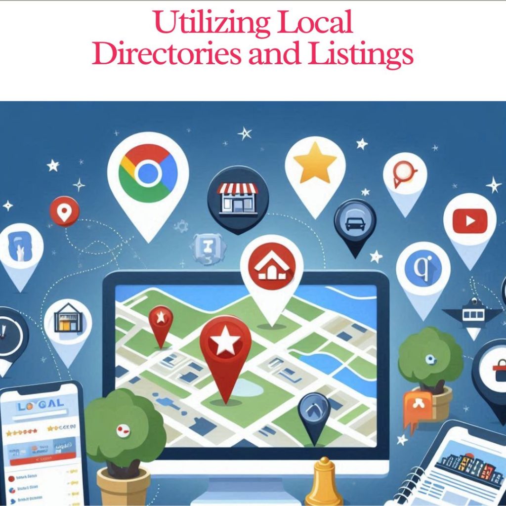 Icons of Google My Business and Yelp next to a digital map showing local business listings, illustrating the use of local directories in digital marketing.